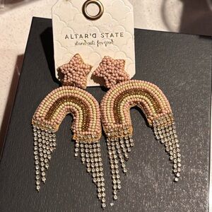 NWT Altar'd State Pink Gold Beaded Star Rainbow Rhinestone Fringe Earrings